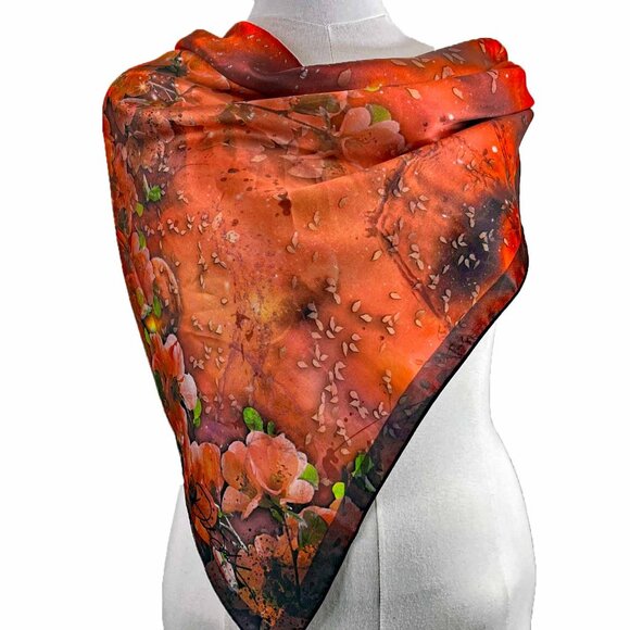 Deep Orange & Pink Petals Square Pure Silk Scarf Wrap - Picture 3 of 11